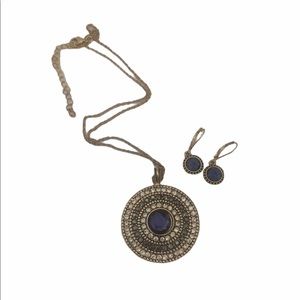 Blue Rhinestone Pendant Necklace And Earrings